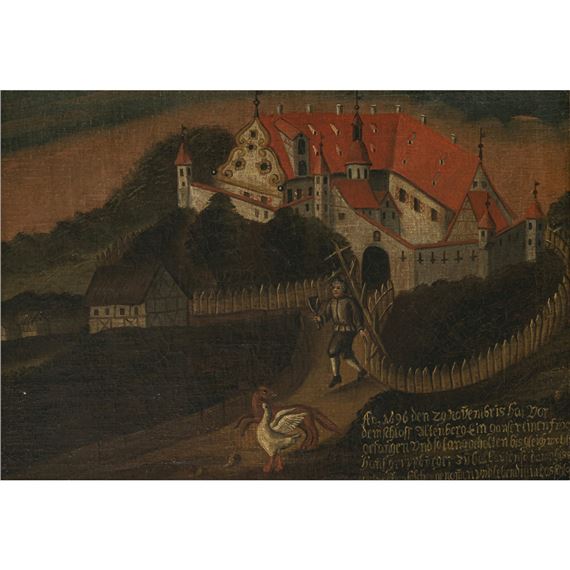 Votive painting with a fox and goose in front of the Altenberg Castle
