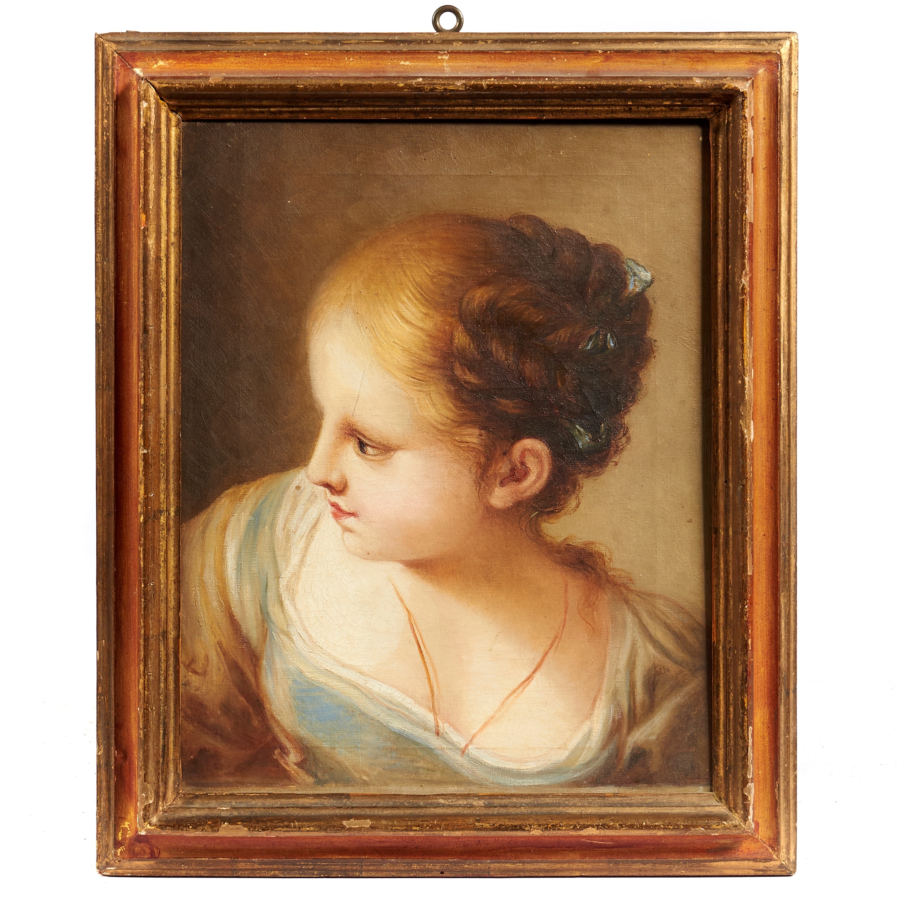 Artwork by Roman School, 19th Century, GIOVANE FIGURA FEMMINILE DI PROFILO, Made of oil on canvas
