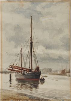 Moored boats before an industrial scene - R. Reeve