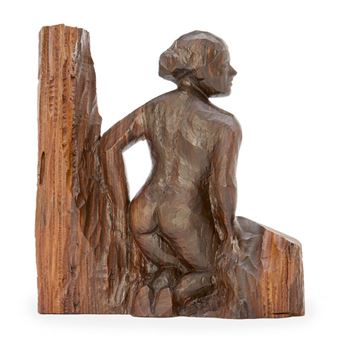Carved wood relief with naked woman - Hans Lynge