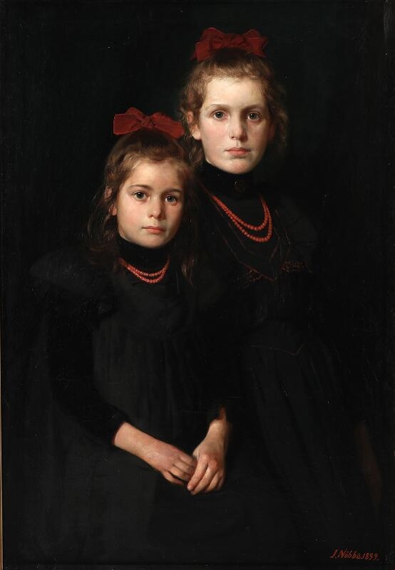 Artwork by Jacob Nöbbe, Portrait of two sister wearing black dresses and red hair bows, Made of Oil On Canvas