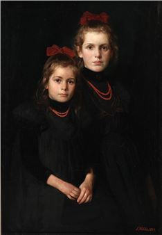 Portrait of two sister wearing black dresses and red hair bows - Jacob Nöbbe