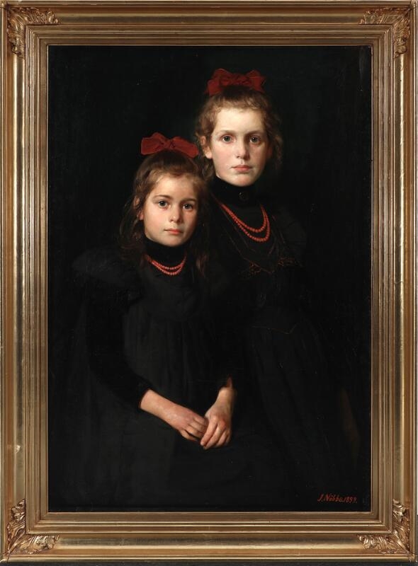 Artwork by Jacob Nöbbe, Portrait of two sister wearing black dresses and red hair bows, Made of Oil On Canvas
