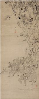 A vertical ink painting of a group of figures gathered beneath a large tree.