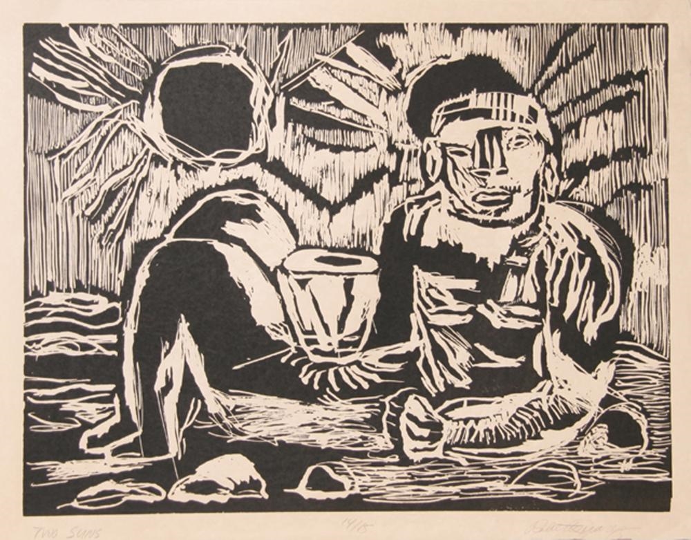 Artwork by Roberto Juarez, Two Suns, Made of Woodcut