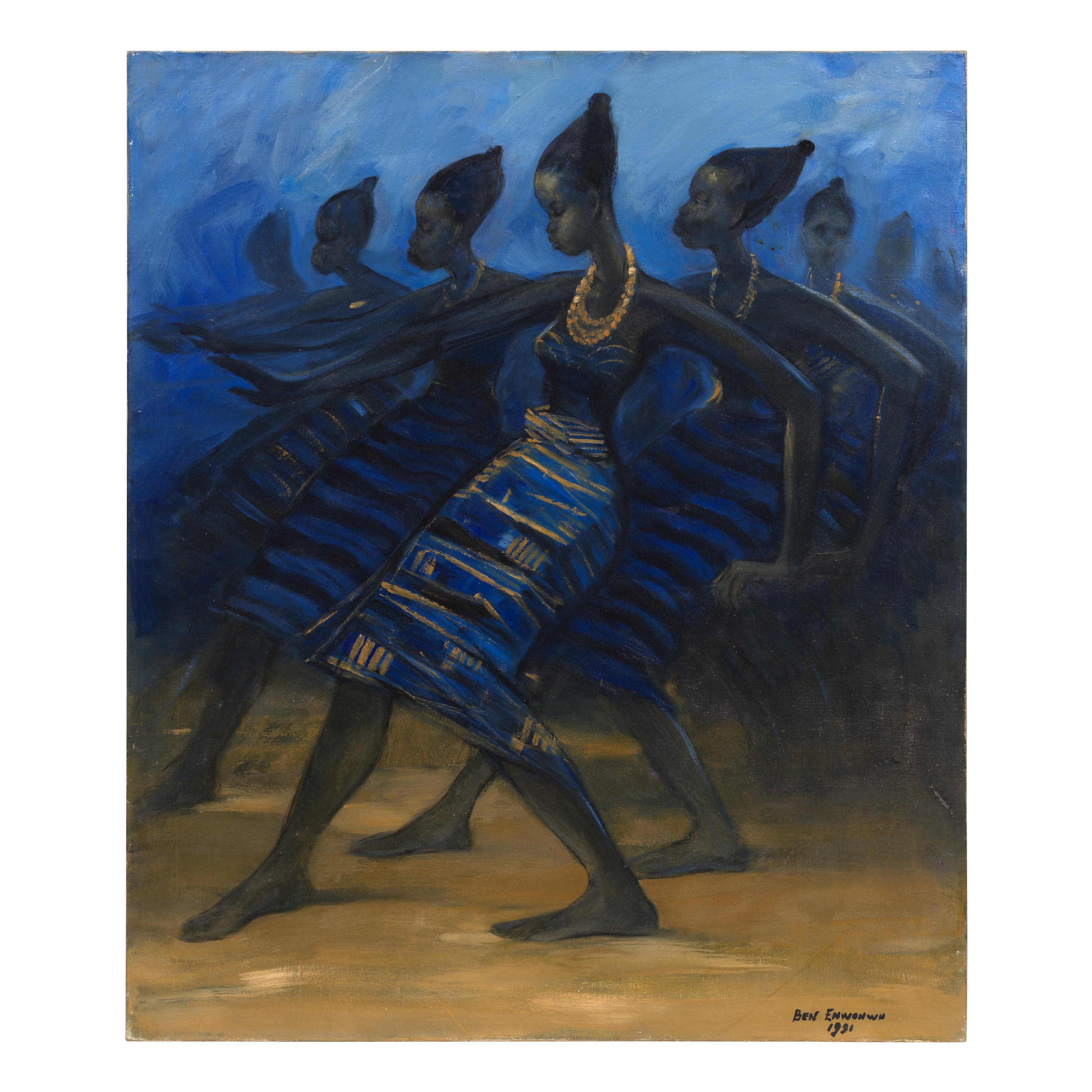 A group of figures in blue dresses dancing in a stylized composition.