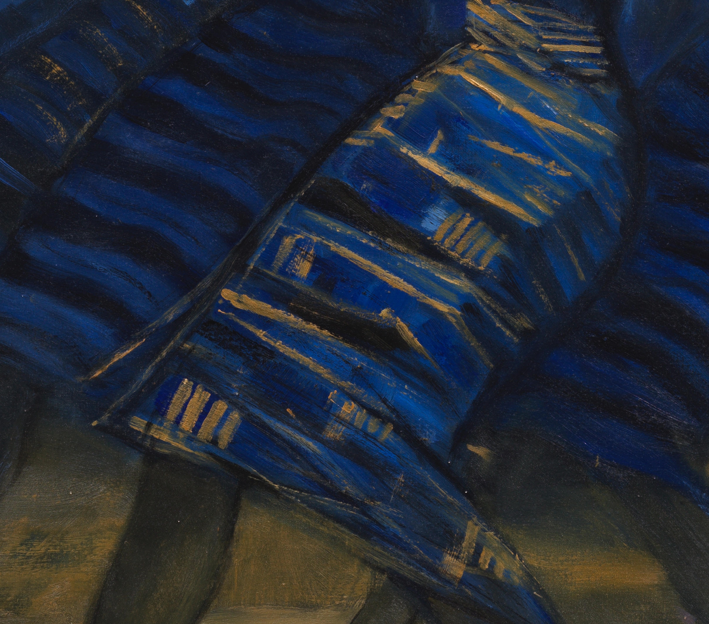 A group of figures in blue dresses dancing in a stylized composition.