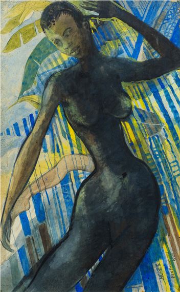 A stylized nude figure in dark tones against a vibrant, abstract background of blue and yellow stripes.