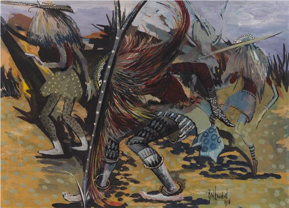 A chaotic battle scene featuring armored figures in a stylized, textured landscape.