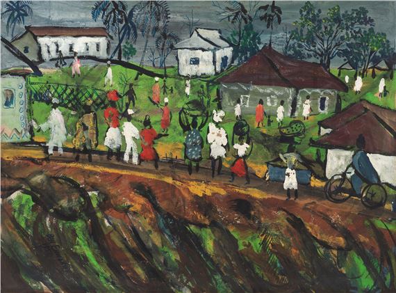 A vibrant, stylized village scene filled with figures in colorful attire against a backdrop of simple houses and lush greenery.
