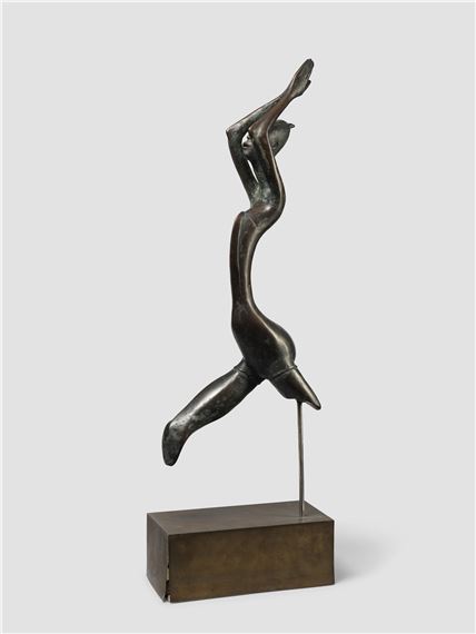 A bronze sculpture of a figure in mid-leap, captured in dynamic motion against a neutral background.