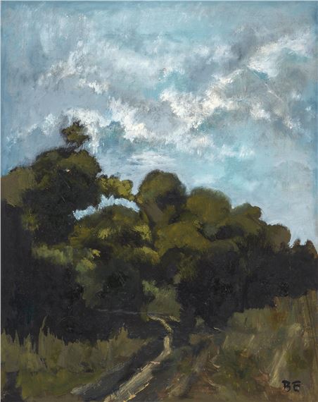 A landscape painting of a winding path through dense trees under a cloudy sky.