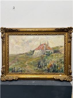 A framed oil painting of a rustic house on a grassy hill under a cloudy sky.