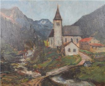 Kirche (St. Justina) in südtiroler Berglandschaft - Ernst Kolbe