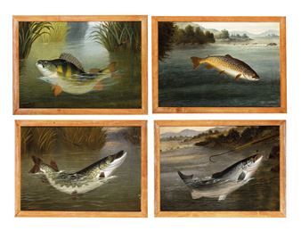 A collection of four depictions of fish hooked on the banks of a river - A. Roland Knight