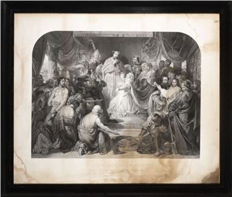 A classical engraving depicting a crowded court scene with a central crowned figure surrounded by numerous figures in dramatic poses.
