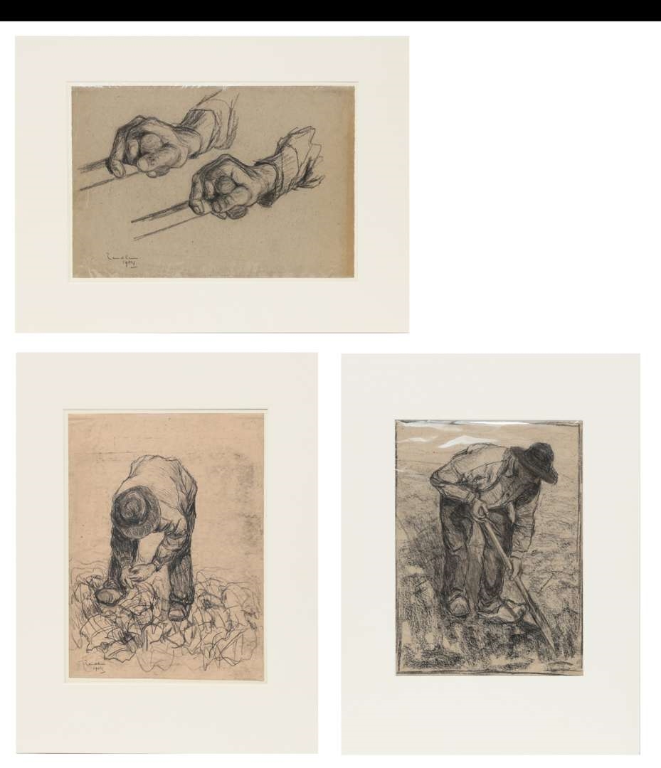 Artwork by Jan Adam Zandleven, Landwerkers en studie van handen, Made of charcoal on paper