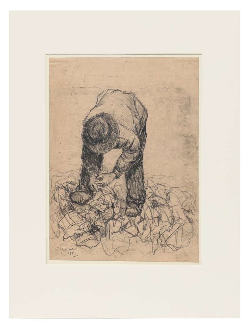 Artwork by Jan Adam Zandleven, Landwerkers en studie van handen, Made of charcoal on paper