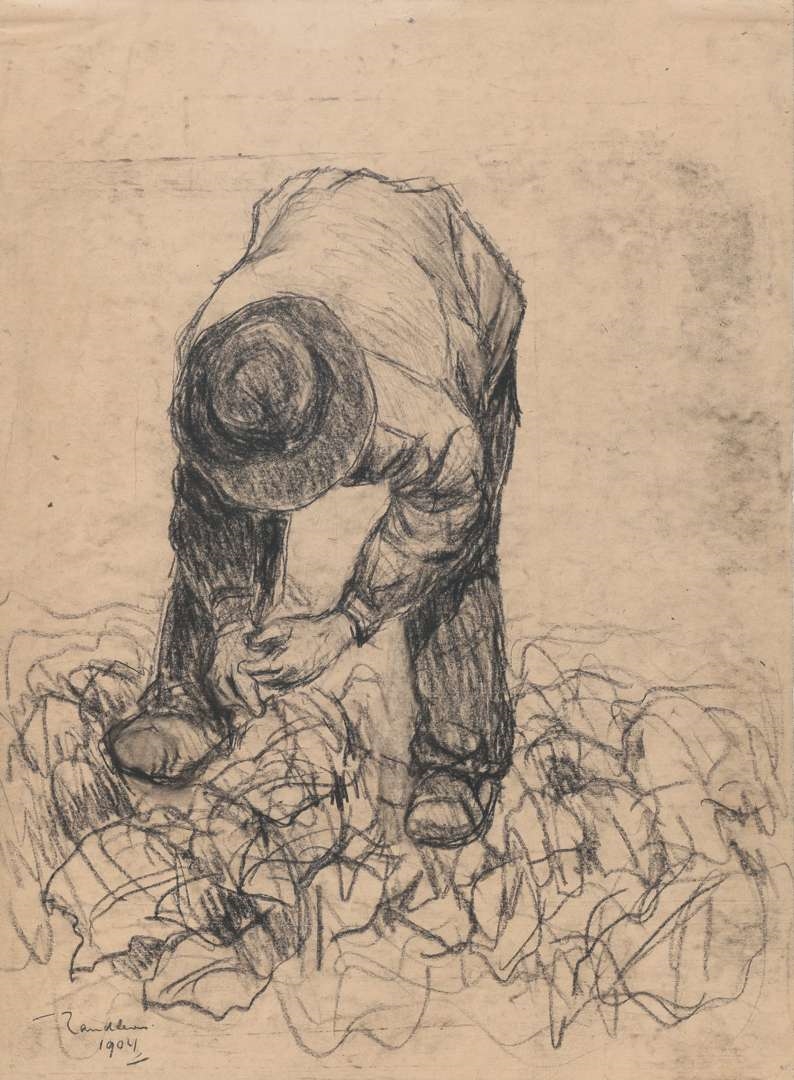 Artwork by Jan Adam Zandleven, Landwerkers en studie van handen, Made of charcoal on paper