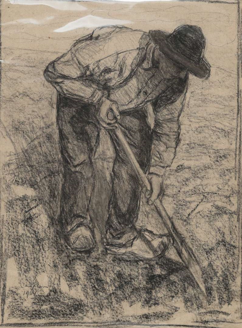 Artwork by Jan Adam Zandleven, Landwerkers en studie van handen, Made of charcoal on paper