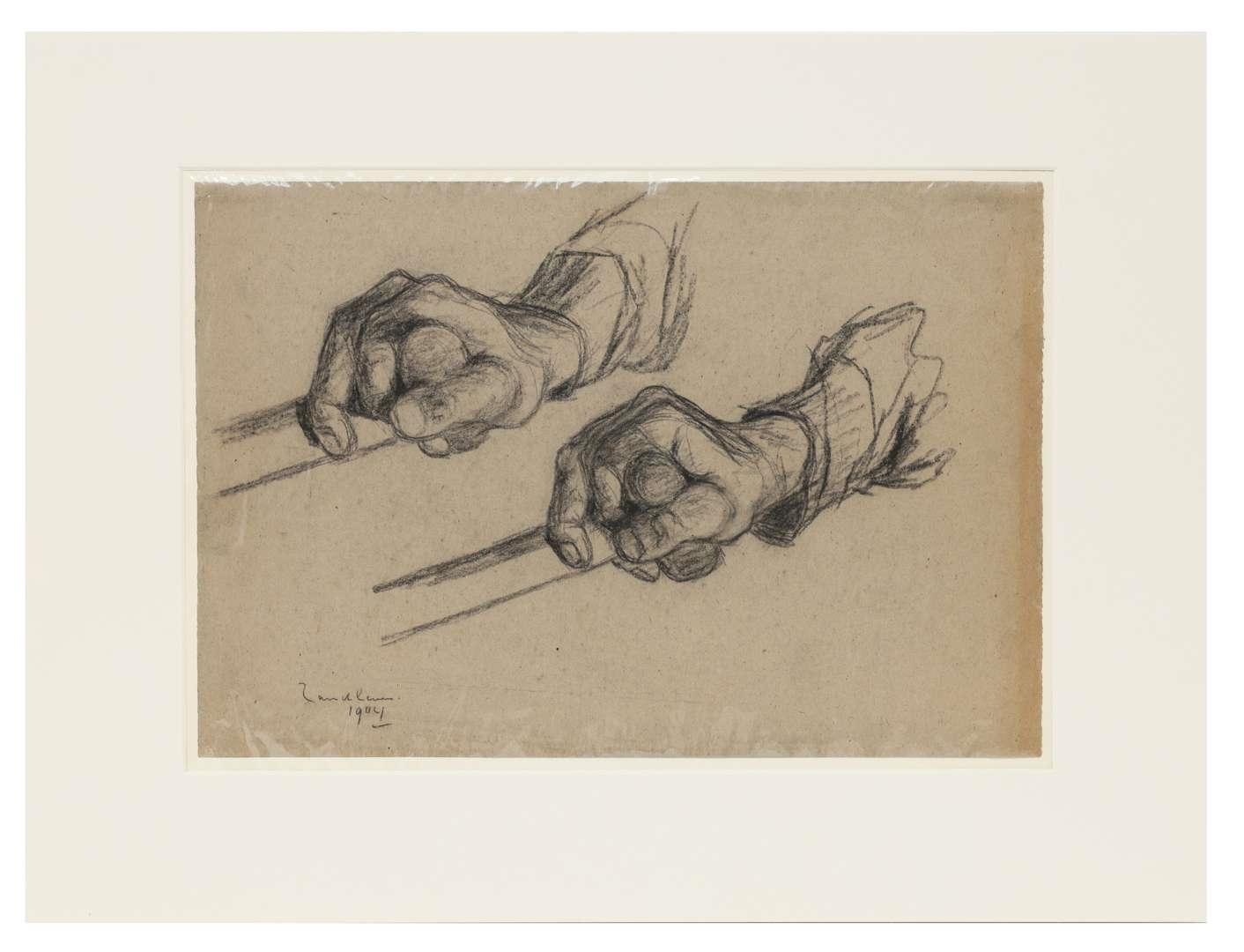 Artwork by Jan Adam Zandleven, Landwerkers en studie van handen, Made of charcoal on paper