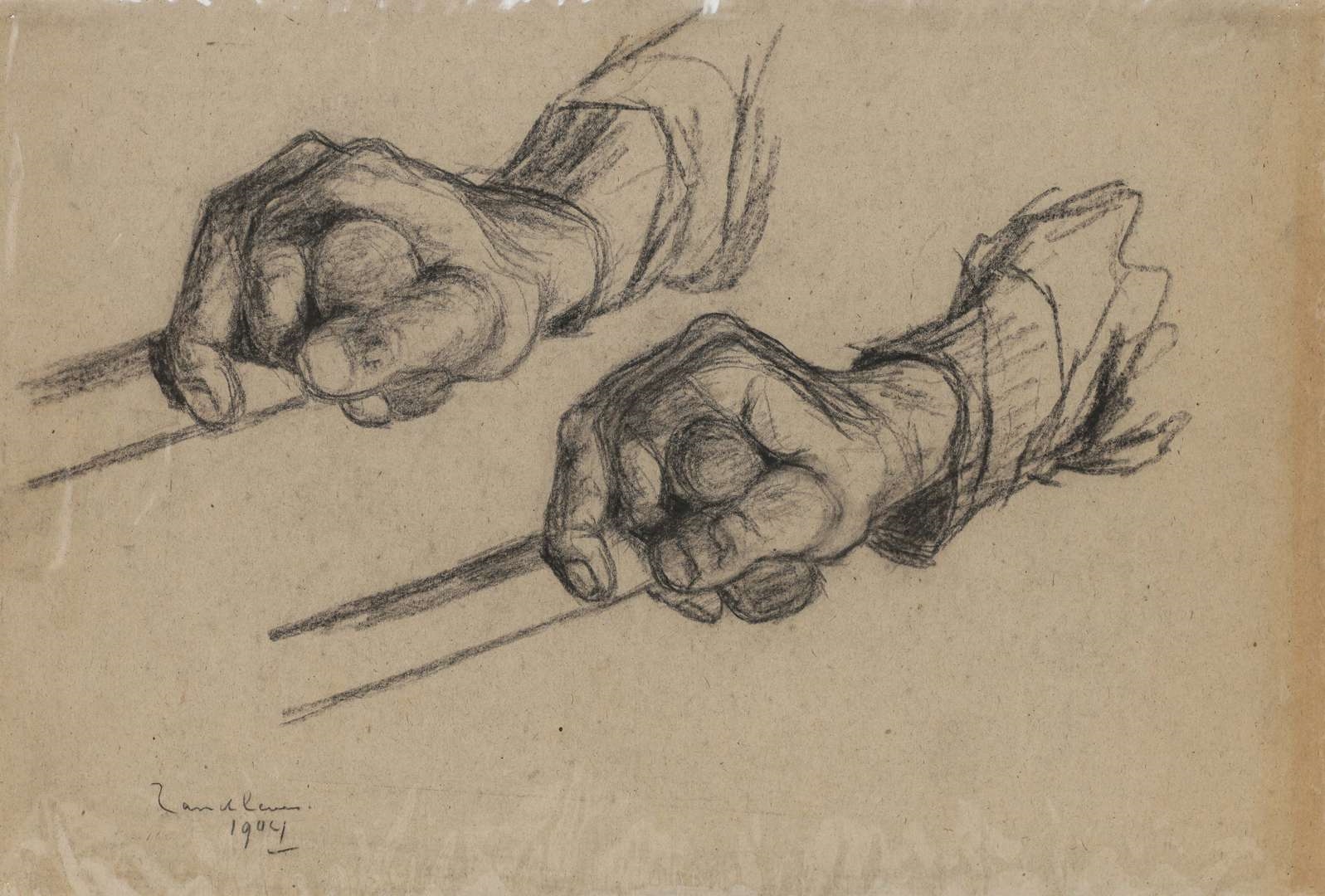 Artwork by Jan Adam Zandleven, Landwerkers en studie van handen, Made of charcoal on paper
