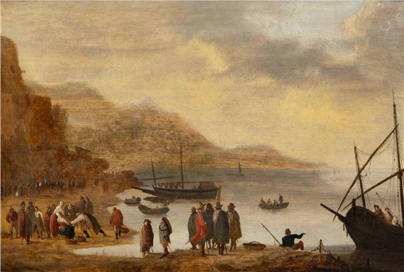 Dutch School, 17th Century | Rotsbaai met vele figuren en schepen ...
