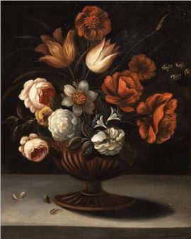 Bloemstilleven met o.a. rozen, tulpen, vergeet-me-nietjes in een tuinvaas - Caspar Pieter