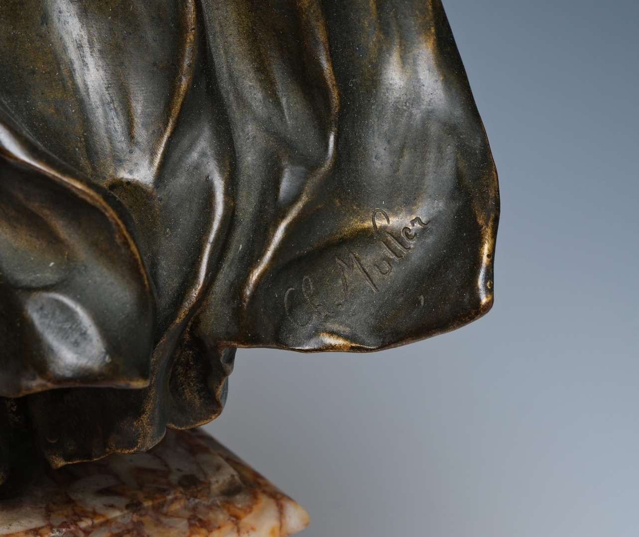 Artwork by Charles Arthur Muller, Charles Arthur Muller (1868-ca. 1930), een brons en ivoren art nouveau sculptuur van een dansende dame met hoepel, Made of bronze