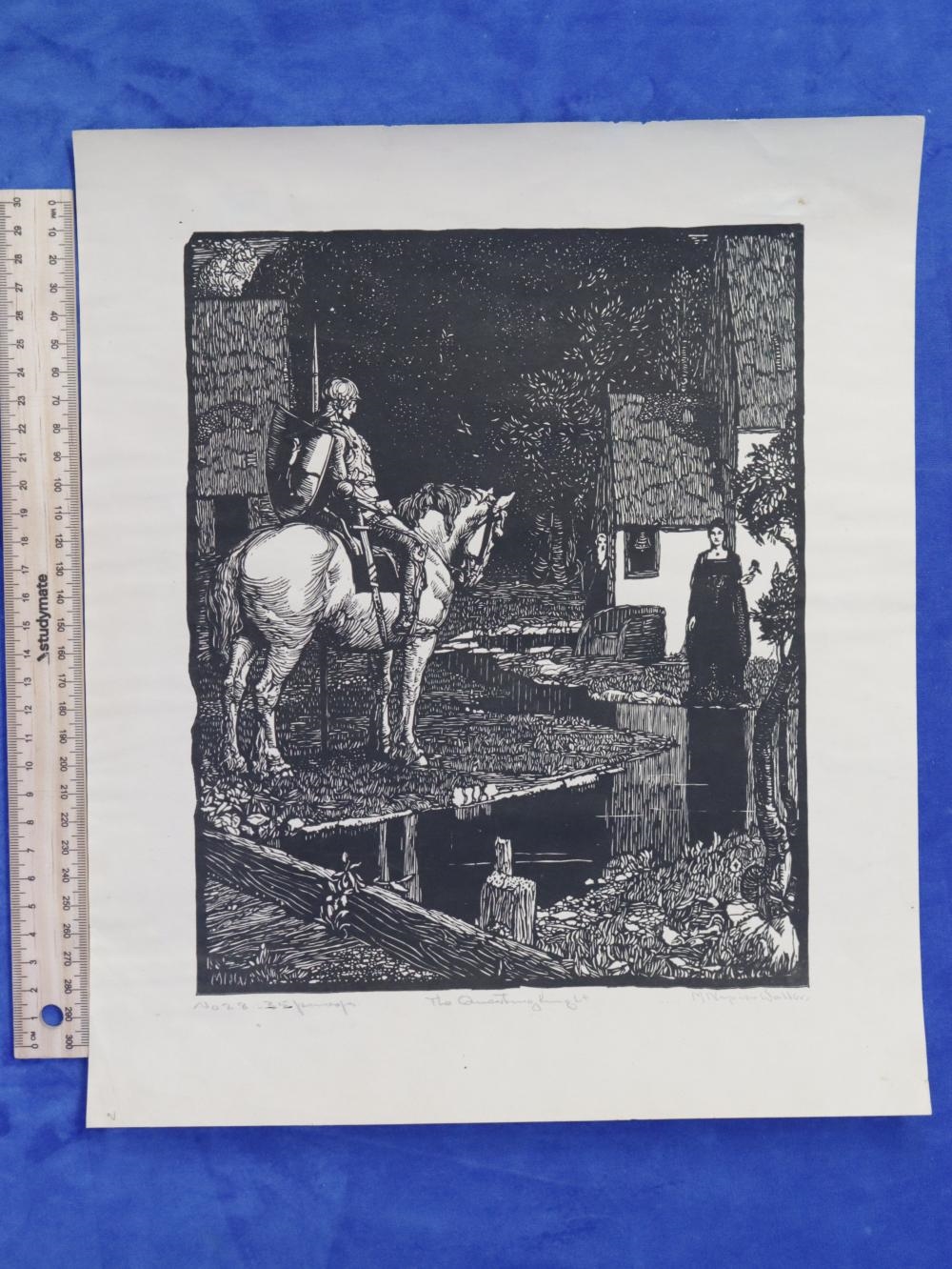 Artwork by Mervyn Napier Waller, THE QUESTING KNIGHT, Made of Lino Cut
