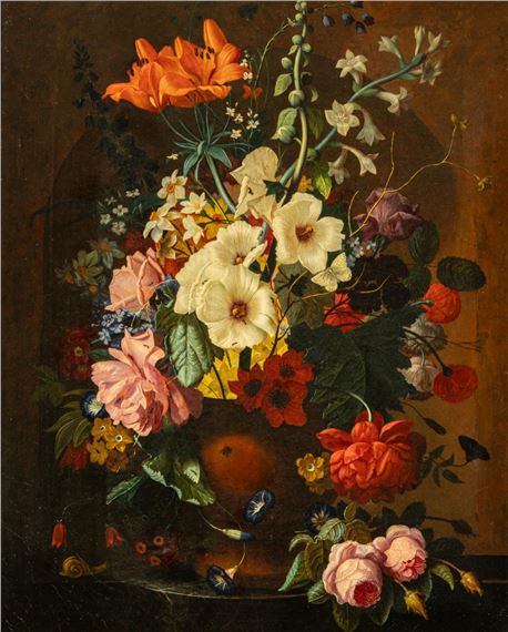 abundant flower still life with snail - Nicolaes van Veerendael