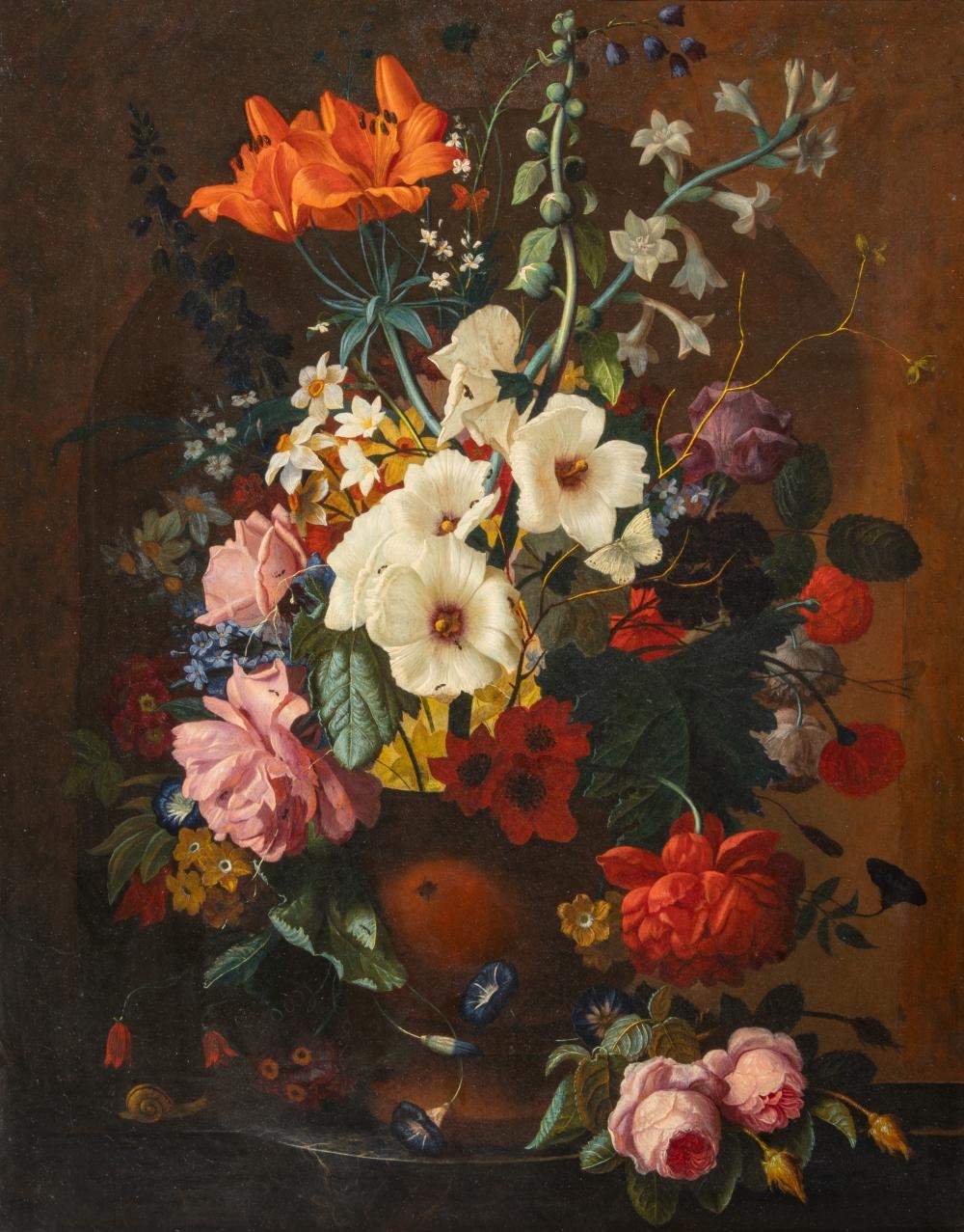 Artwork by Nicolaes van Veerendael, abundant flower still life with snail, Made of Oil On Canvas