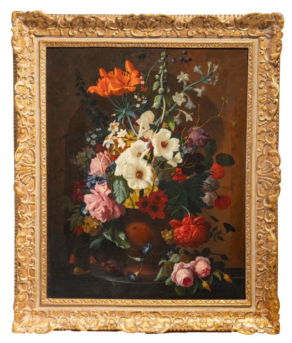 Artwork by Nicolaes van Veerendael, abundant flower still life with snail, Made of Oil On Canvas