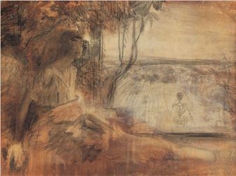 Seated Woman Looking Towards a Skeletal Figure - Frans Oerder