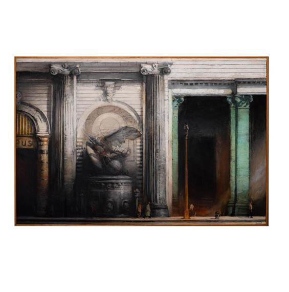 A surreal architectural scene featuring classical columns, a winged statue, and tiny human figures in a dimly lit urban setting.