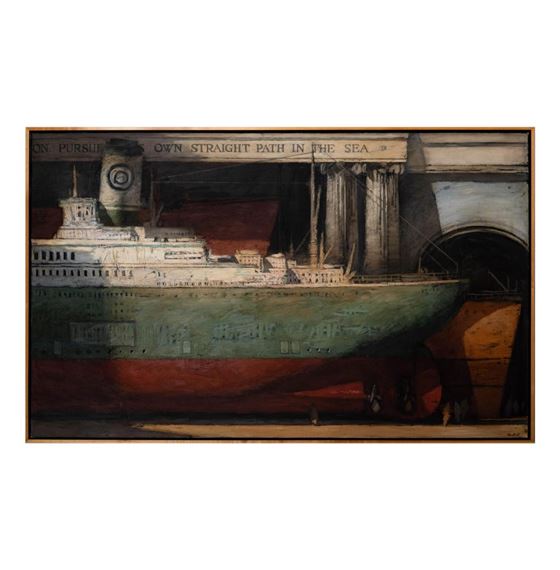 A surreal painting of a large ship docked in an architectural space.