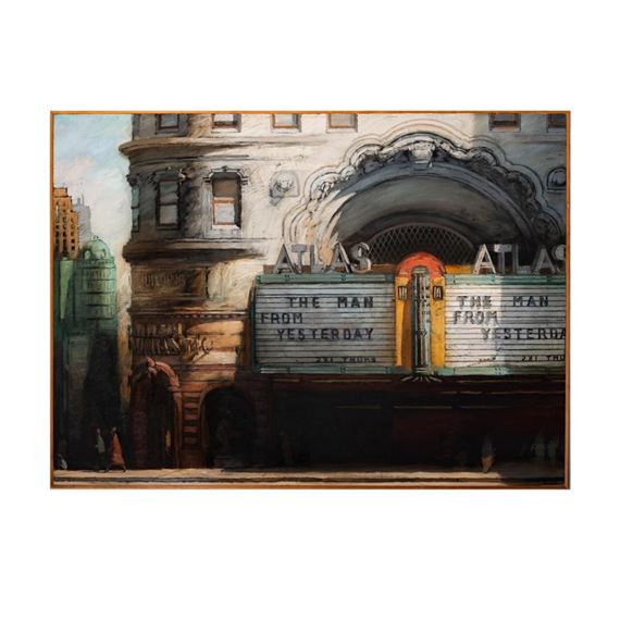 A nostalgic painting of a theater marquee displaying 'The Man from Yesterday' against an urban backdrop.