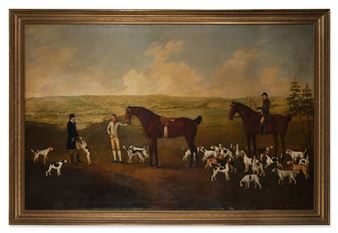 A classical hunting scene featuring two figures, horses, and a pack of dogs in a rural landscape.