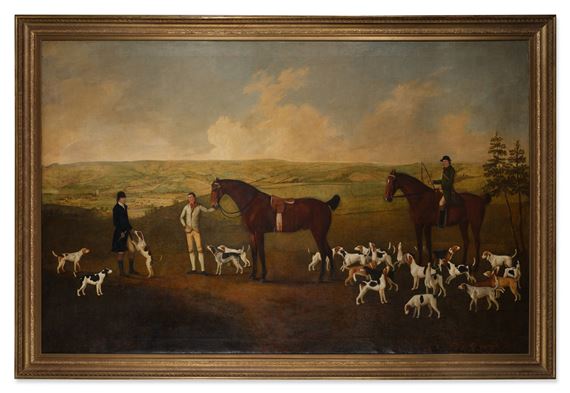 A classical hunting scene featuring two figures, horses, and a pack of dogs in a rural landscape.