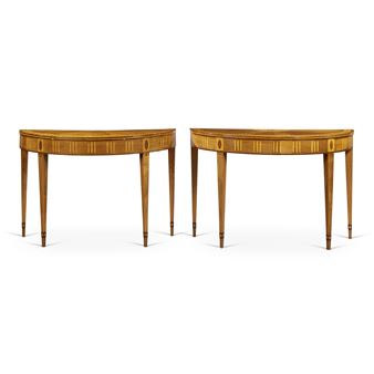 A Near Pair of Irish George III Harewood, Satinwood, Sycamore, Tulipwood, Amaranth and Marquetry Demilune Side Tables - William Moore of Dublin