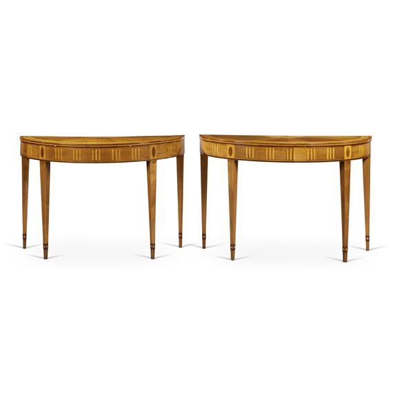 A Near Pair of Irish George III Harewood, Satinwood, Sycamore, Tulipwood, Amaranth and Marquetry Demilune Side Tables by William Moore of Dublin, Circa 1785