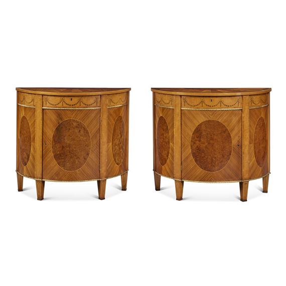 A Pair of George III Gilt-Metal Mounted Satinwood, Kingwood, Tulipwood, Burr Yew and Marquetry Demilune Side Cabinets, - William Moore of Dublin