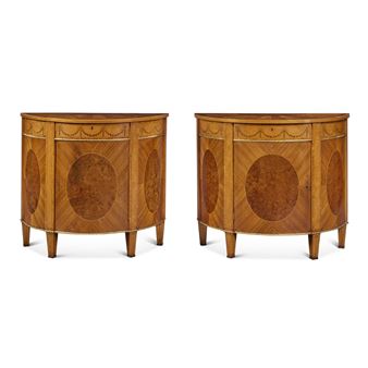 A Pair of George III Gilt-Metal Mounted Satinwood, Kingwood, Tulipwood, Burr Yew and Marquetry Demilune Side Cabinets, - William Moore of Dublin