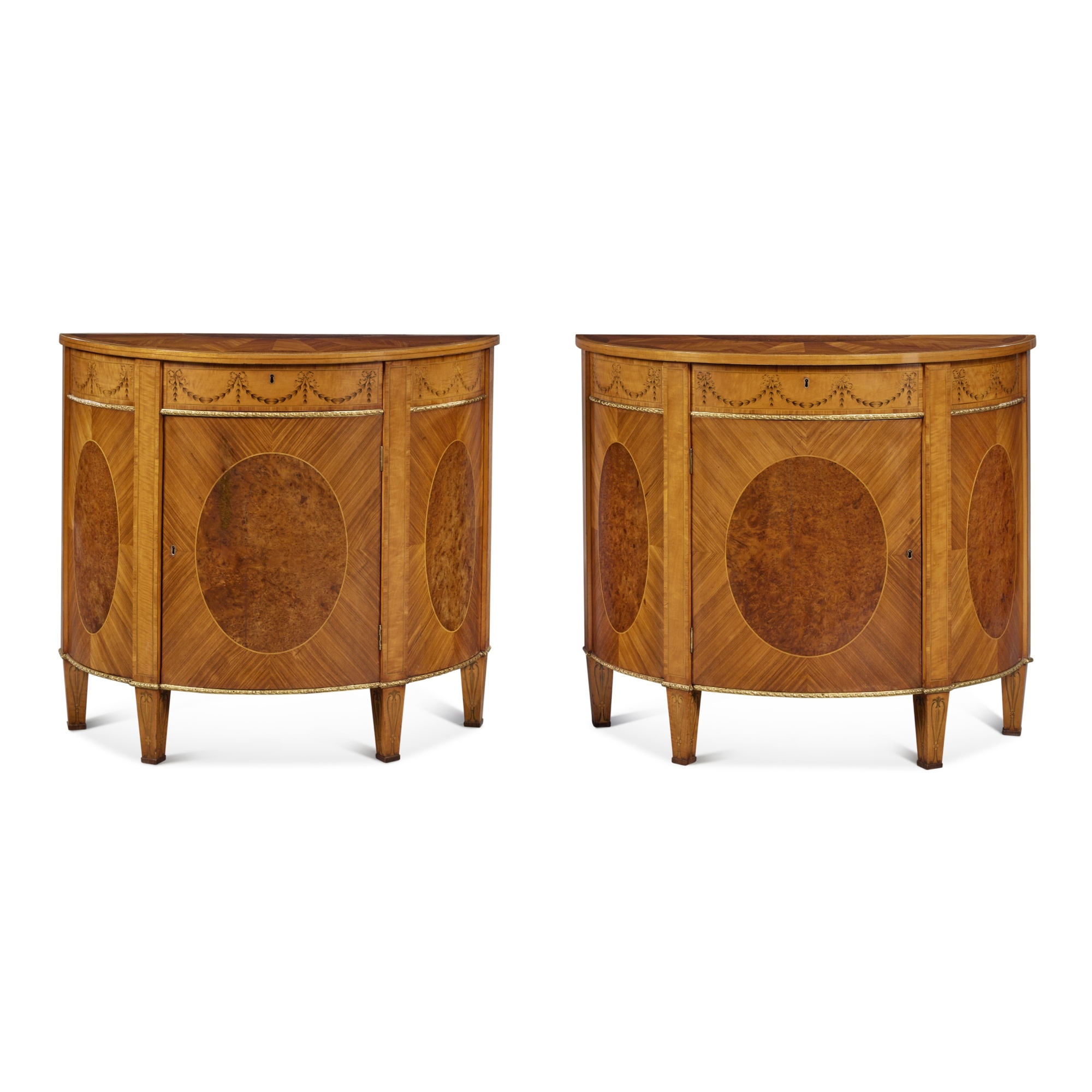 Artwork by William Moore of Dublin, A Pair of George III Gilt-Metal Mounted Satinwood, Kingwood, Tulipwood, Burr Yew and Marquetry Demilune Side Cabinets,, Made of Gilt-Metal Mounted Satinwood, Kingwood, Tulipwood,