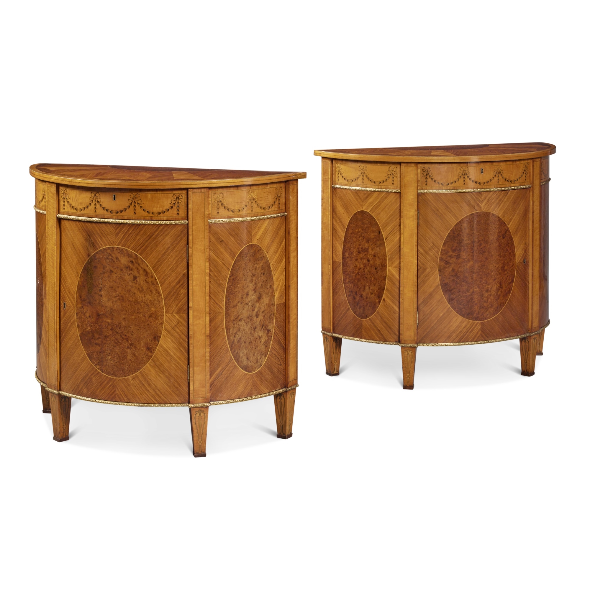 Artwork by William Moore of Dublin, A Pair of George III Gilt-Metal Mounted Satinwood, Kingwood, Tulipwood, Burr Yew and Marquetry Demilune Side Cabinets,, Made of Gilt-Metal Mounted Satinwood, Kingwood, Tulipwood,