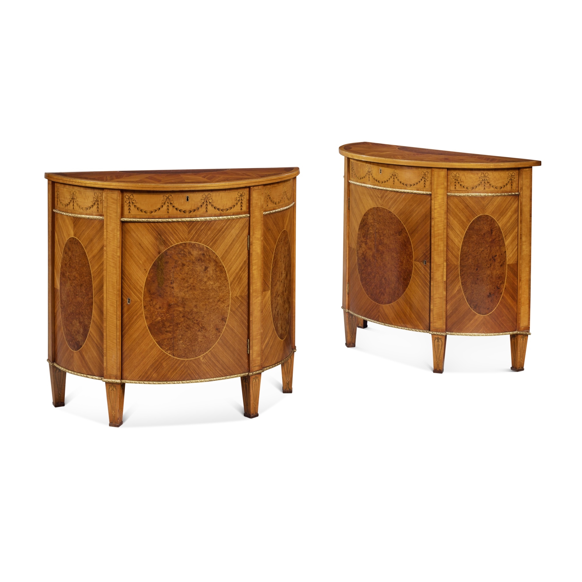 Artwork by William Moore of Dublin, A Pair of George III Gilt-Metal Mounted Satinwood, Kingwood, Tulipwood, Burr Yew and Marquetry Demilune Side Cabinets,, Made of Gilt-Metal Mounted Satinwood, Kingwood, Tulipwood,