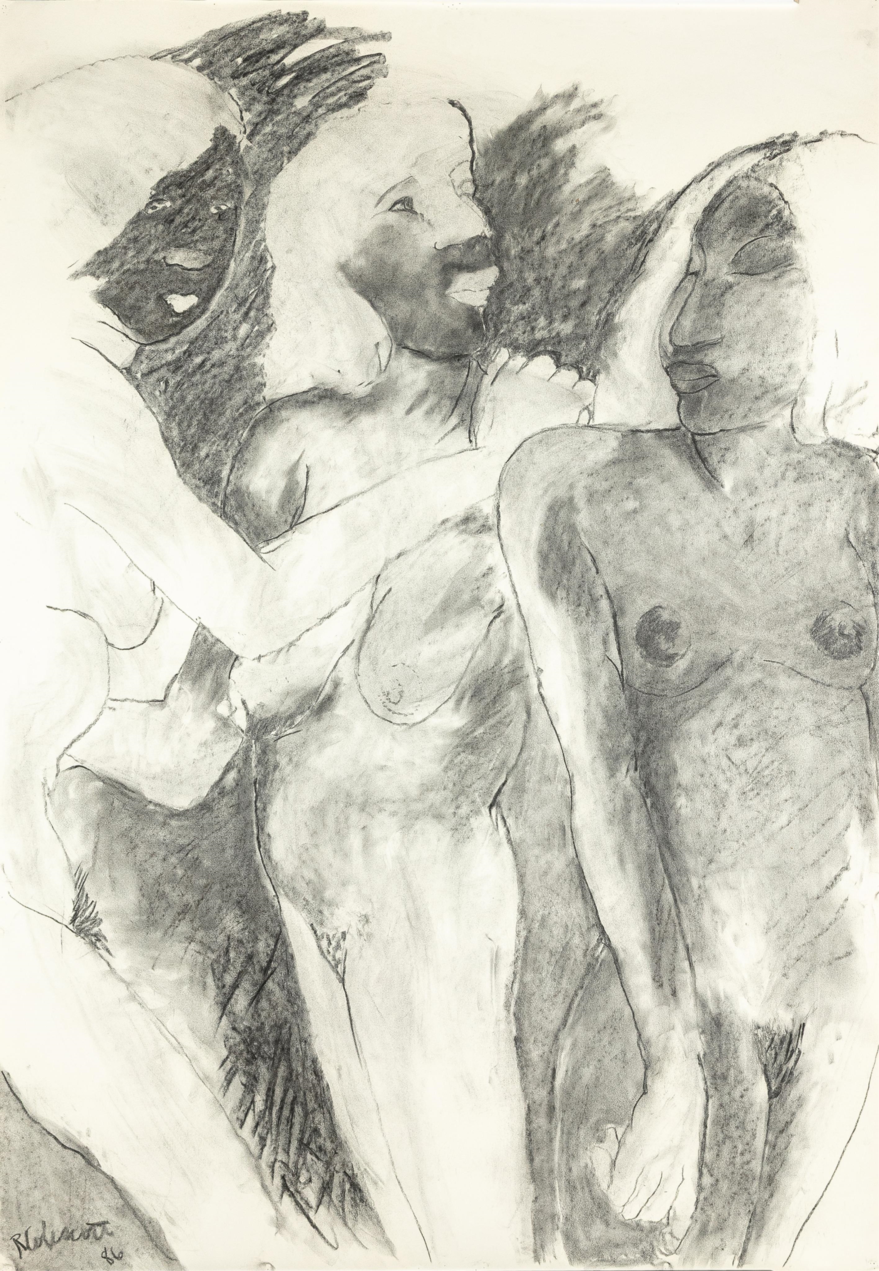 Artwork by Robert Colescott, Untitled, Ladies in Waiting, Made of Charcoal Drawing On Paper