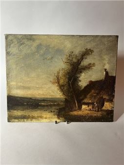 Peasant woman in front of a thatched cottage - René Tener