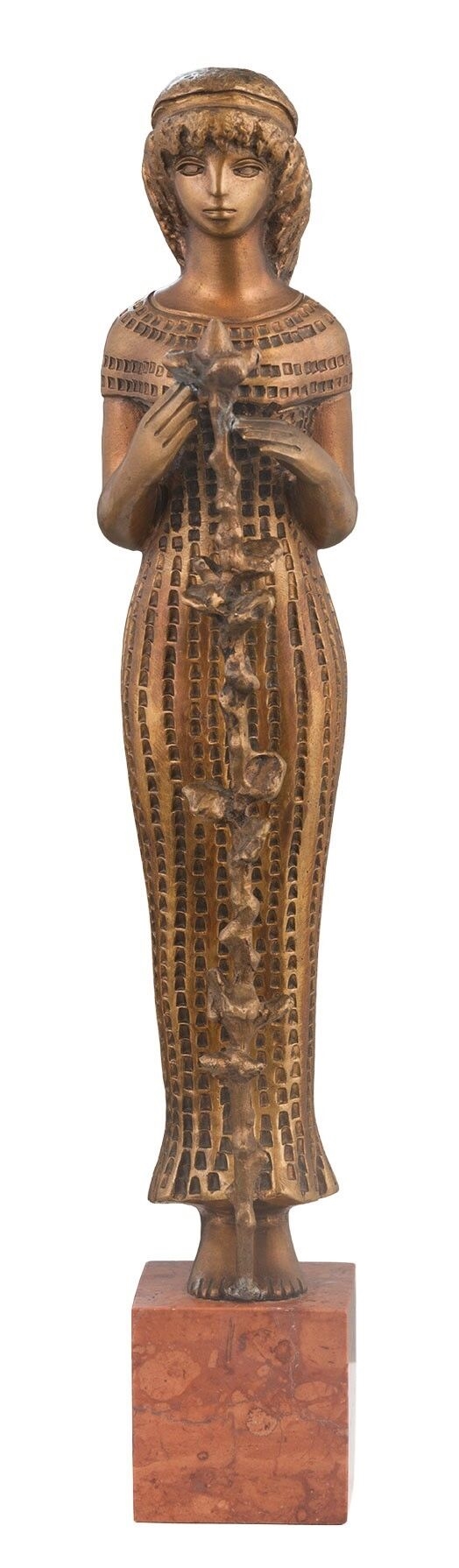 Artwork by Rábainé Kiss Lenke, Lány virággal, Made of Bronz Kisplasztika