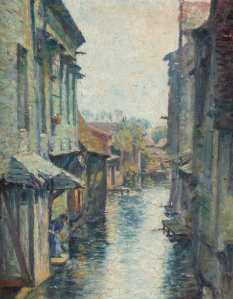 Artwork by Georges Streib, Femme puisant de l’eau au canal, Made of oil on canvas